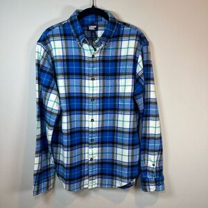 Lands’ End Mens Plaid Flannel Shirt Blue White Button Up Long Sleeve Size Medium